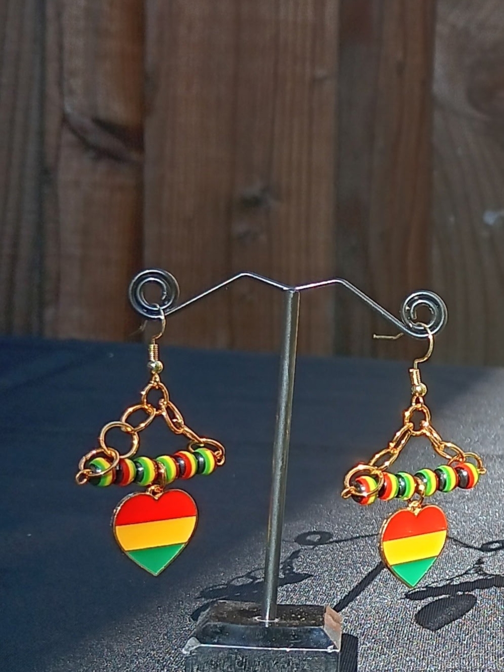 Gold-Tone Heart Dangle Earrings with Red Yellow Green Stripes